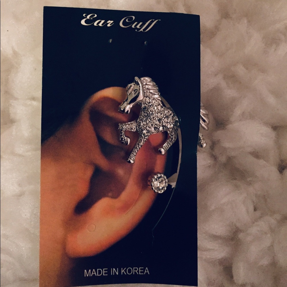 Crystal silver tone Horse Ear Cuff left ear